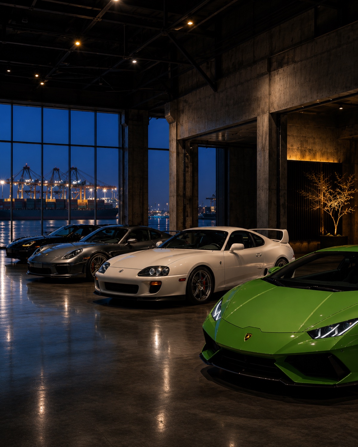 Premium Japanese export warehouse at twilight — cars lined for export