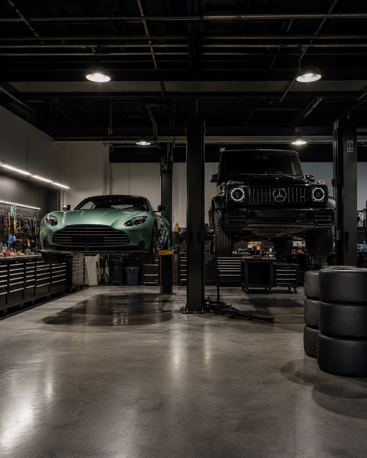 Race-grade service workshop concept — a sports car on a two-post lift